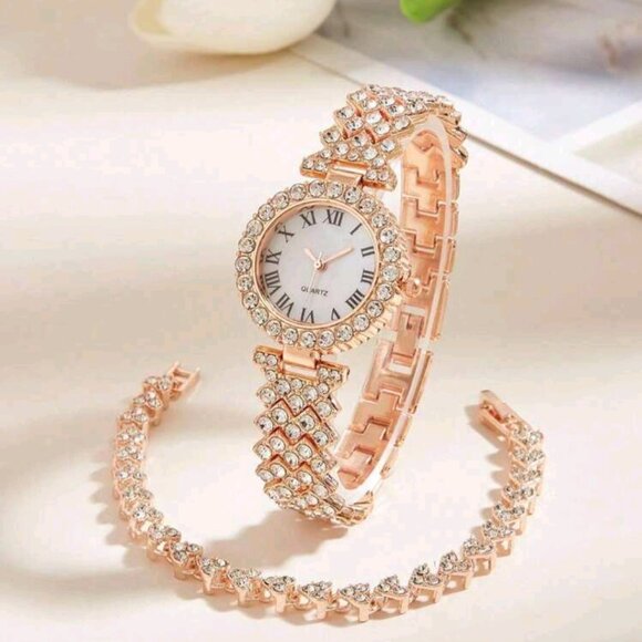 2 pcs Rose Gold Quartz Watch and Bracelet with Rhinestones for Women - Picture 4 of 7